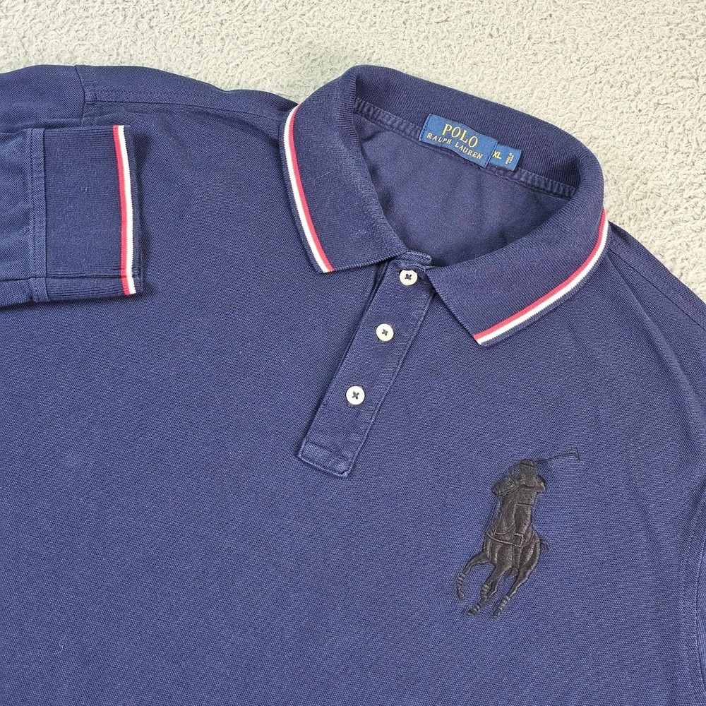 Polo Ralph Lauren Big Pony Polo Shirt Mens XL Blue Long Sleeve Pique Cotton Knit